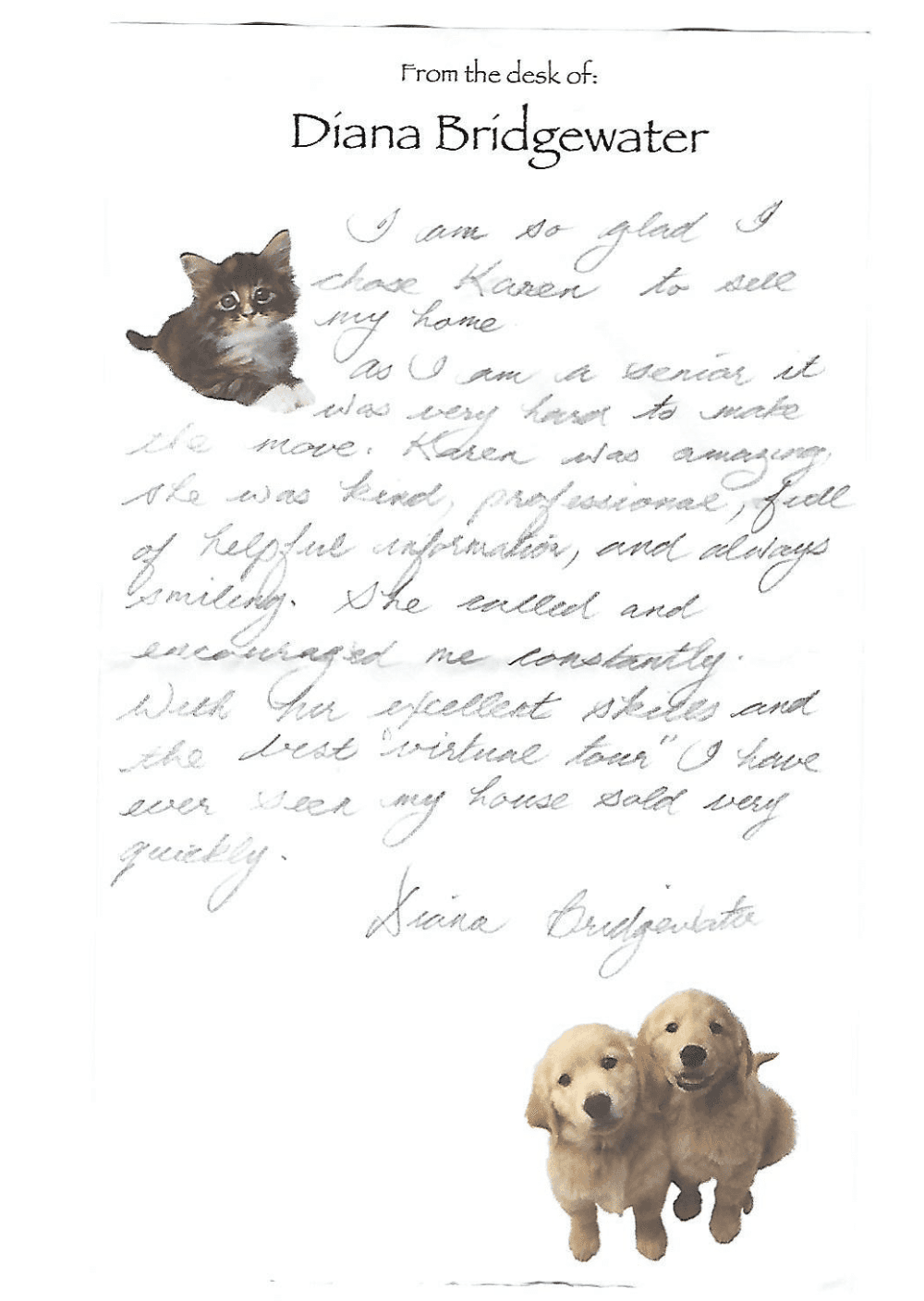 Handwritten testimonial from Diana Bridgewater thanking Karen for helping sell her home
